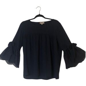 Loft navy blue top with bell eyelet sleeves at the bottom that can be tied.